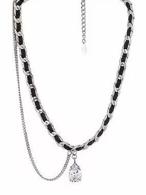 Silver-Tone Black Weave Necklace with Teardrop Crystal Pendant